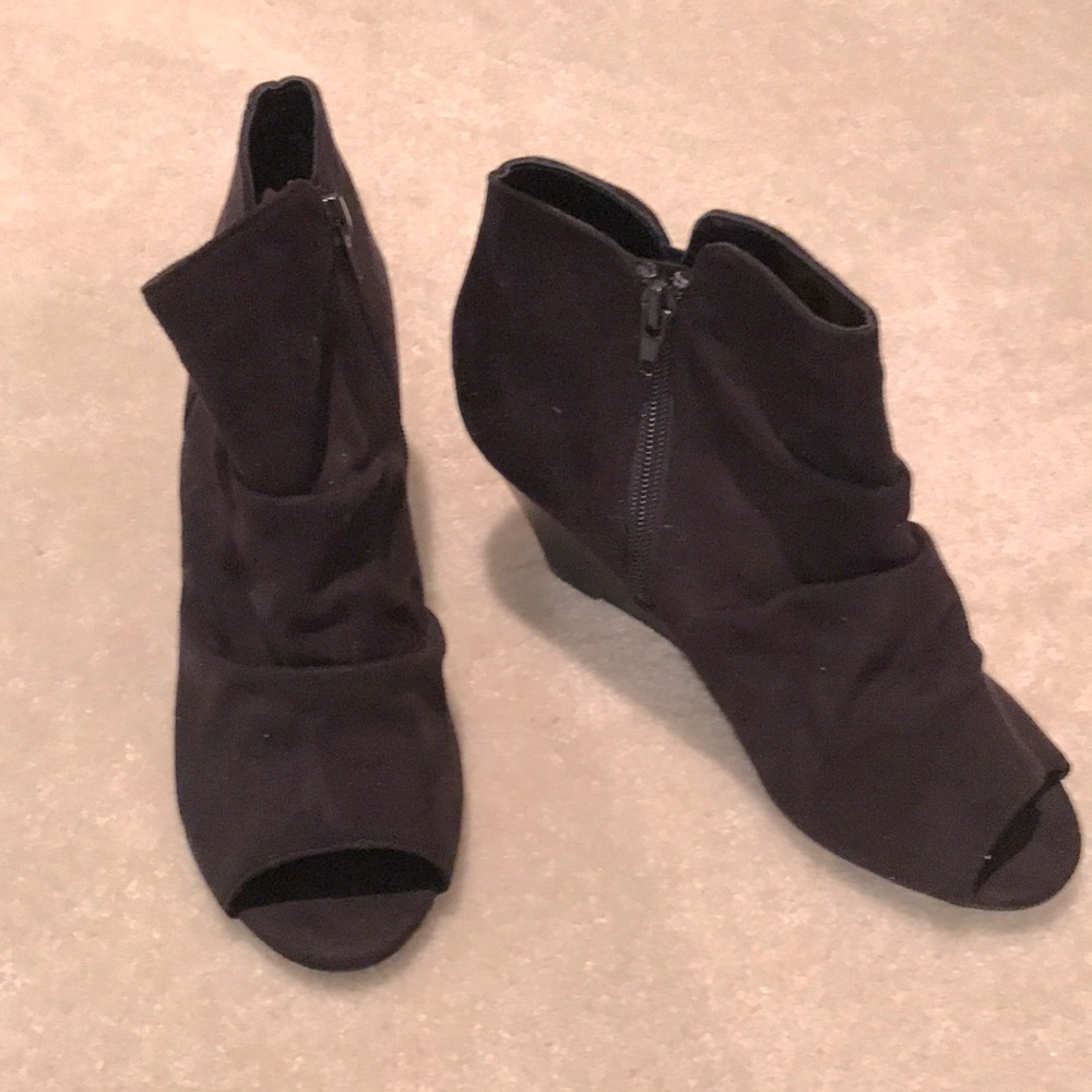 Super cute black suede peep toe wedge booties